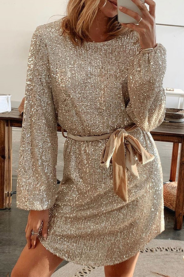 Momentlover Elegant Solid With Belt Sequins O Neck A Line Dresses