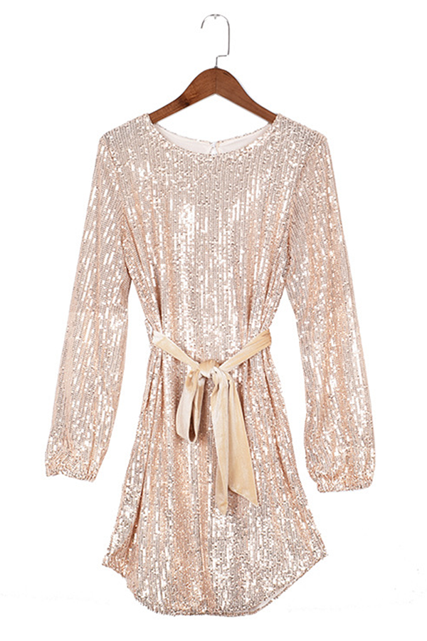 Momentlover Elegant Solid With Belt Sequins O Neck A Line Dresses