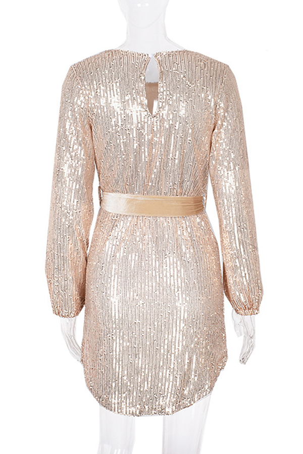 Momentlover Elegant Solid With Belt Sequins O Neck A Line Dresses