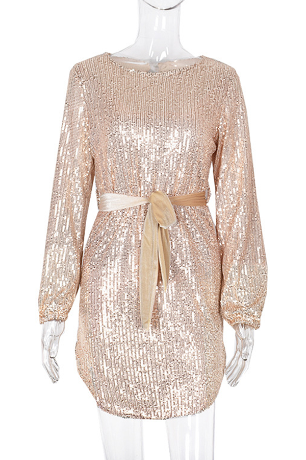 Momentlover Elegant Solid With Belt Sequins O Neck A Line Dresses