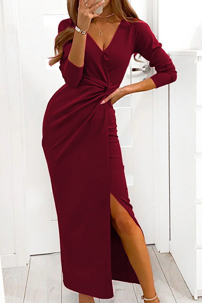Momentlover Fashion Elegant Solid Slit Fold V Neck Dresses(3 Colors)