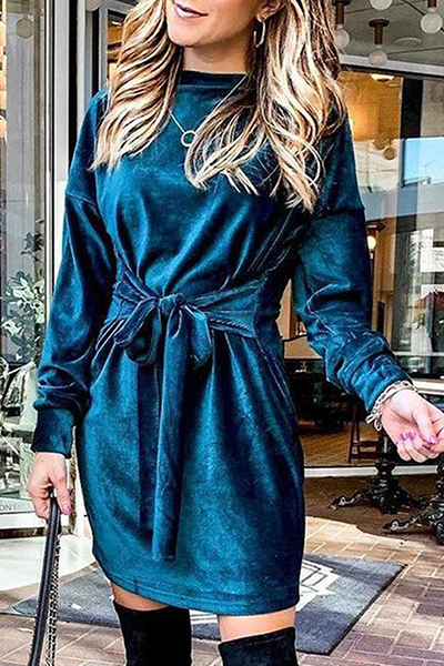 Momentlover Fashion Elegant Solid Patchwork Strap Design O Neck A Line Dresses(4 Colors)