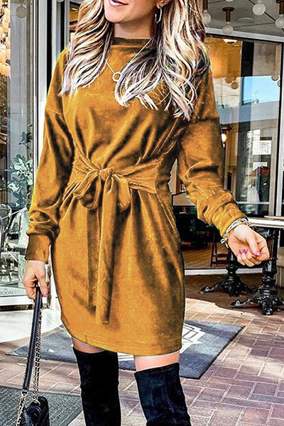 Momentlover Fashion Elegant Solid Patchwork Strap Design O Neck A Line Dresses(4 Colors)