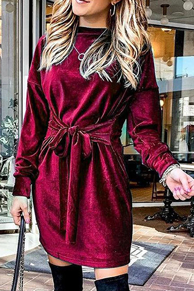 Momentlover Fashion Elegant Solid Patchwork Strap Design O Neck A Line Dresses(4 Colors)