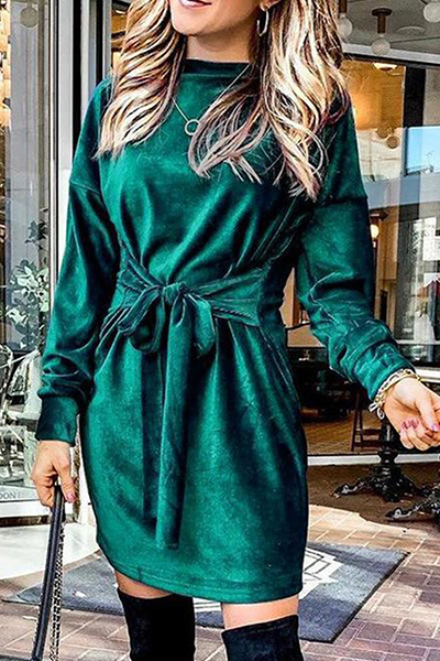 Momentlover Fashion Elegant Solid Patchwork Strap Design O Neck A Line Dresses(4 Colors)