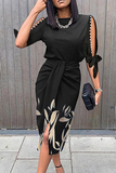 Momentlover Fashion Elegant Print Slit Beading O Neck Dresses