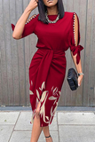 Momentlover Fashion Elegant Print Slit Beading O Neck Dresses