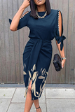 Momentlover Fashion Elegant Print Slit Beading O Neck Dresses