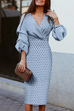 Momentlover Fashion Elegant Polka Dot Patchwork Fold V Neck Waist Skirt Dresses
