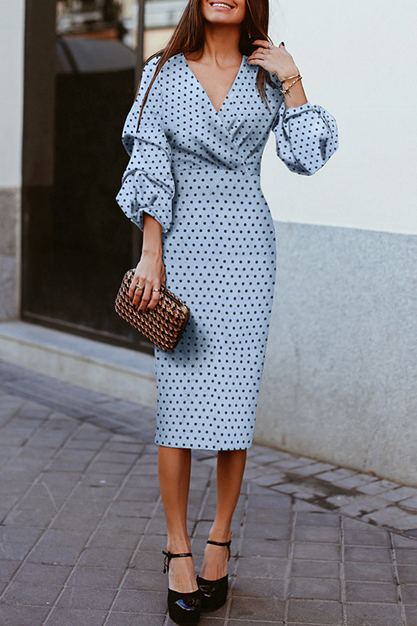 Momentlover Fashion Elegant Polka Dot Patchwork Fold V Neck Waist Skirt Dresses