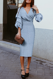 Momentlover Fashion Elegant Polka Dot Patchwork Fold V Neck Waist Skirt Dresses