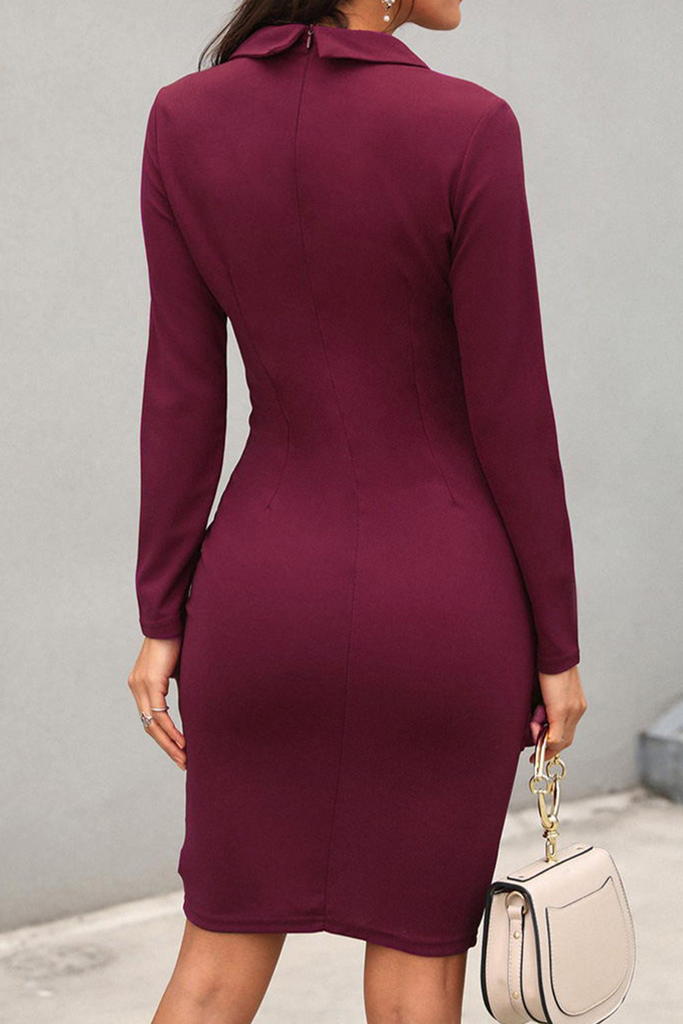 Momentlover Fashion Elegant Solid Patchwork Buckle Turn-back Collar Wrapped Skirt Dresses(4 Colors)