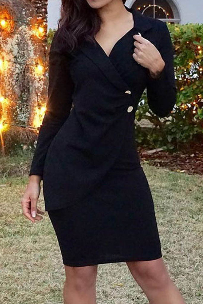 Momentlover Fashion Elegant Solid Patchwork Buckle Turn-back Collar Wrapped Skirt Dresses(4 Colors)