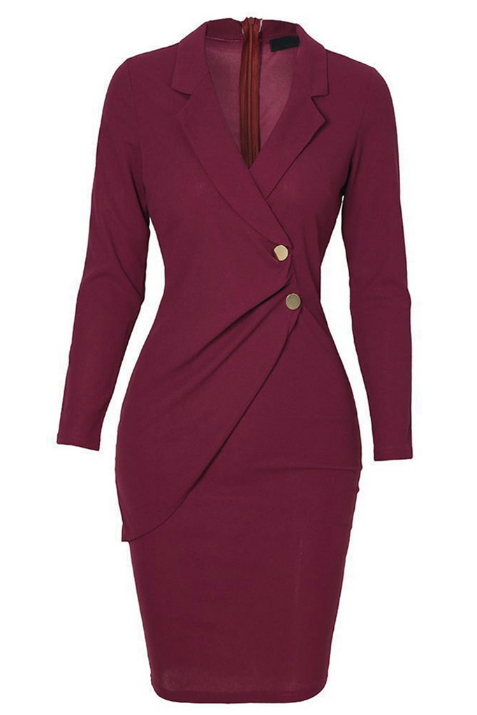 Momentlover Fashion Elegant Solid Patchwork Buckle Turn-back Collar Wrapped Skirt Dresses(4 Colors)