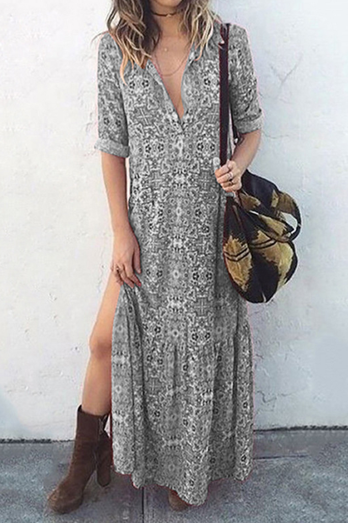 Momentlover Casual Print Patchwork Turndown Collar Straight Dresses(3 Colors)