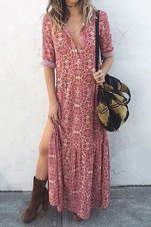 Momentlover Casual Print Patchwork Turndown Collar Straight Dresses(3 Colors)