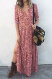Momentlover Casual Print Patchwork Turndown Collar Straight Dresses(3 Colors)
