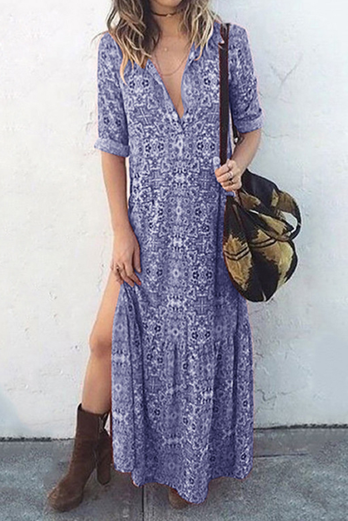 Momentlover Casual Print Patchwork Turndown Collar Straight Dresses(3 Colors)