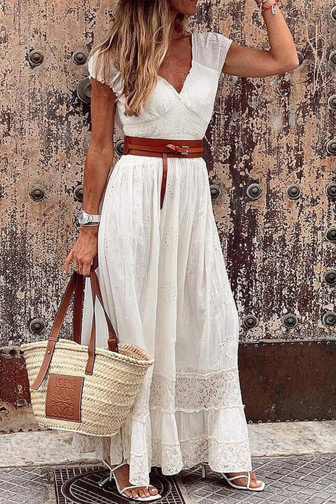 Momentlover Casual Solid Patchwork V Neck Waist Skirt Dresses