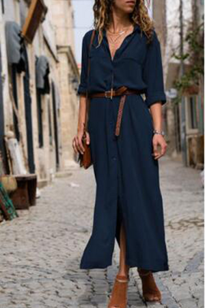Momentlover Casual Solid Patchwork Turndown Collar Shirt Dress Dresses(6 Colors)