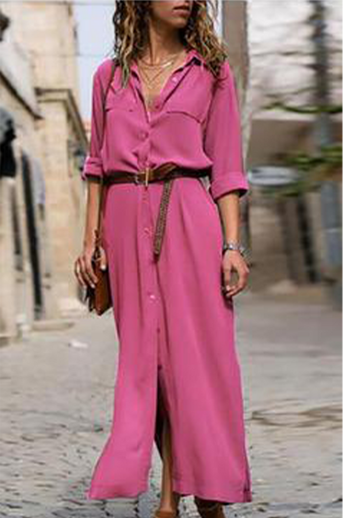Momentlover Casual Solid Patchwork Turndown Collar Shirt Dress Dresses(6 Colors)