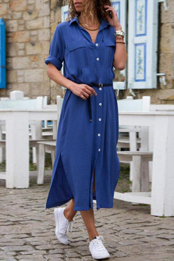 Momentlover Casual Solid Patchwork Turndown Collar Shirt Dress Dresses(6 Colors)