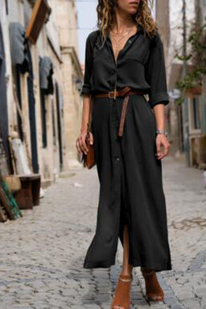 Momentlover Casual Solid Patchwork Turndown Collar Shirt Dress Dresses(6 Colors)