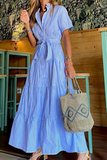 Momentlover Casual Striped Patchwork Turndown Collar Cake Skirt Dresses