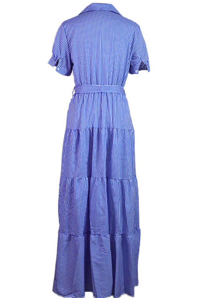 Momentlover Casual Striped Patchwork Turndown Collar Cake Skirt Dresses