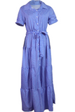 Momentlover Casual Striped Patchwork Turndown Collar Cake Skirt Dresses