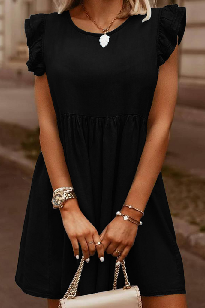 Momentlover Casual Solid Flounce O Neck Sleeveless Straight Denim Dresses