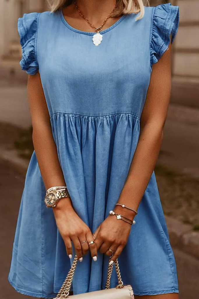 Momentlover Casual Solid Flounce O Neck Sleeveless Straight Denim Dresses