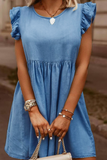 Momentlover Casual Solid Flounce O Neck Sleeveless Straight Denim Dresses