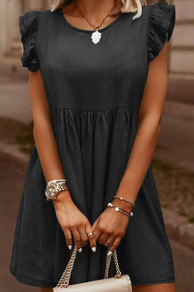 Momentlover Casual Solid Flounce O Neck Sleeveless Straight Denim Dresses
