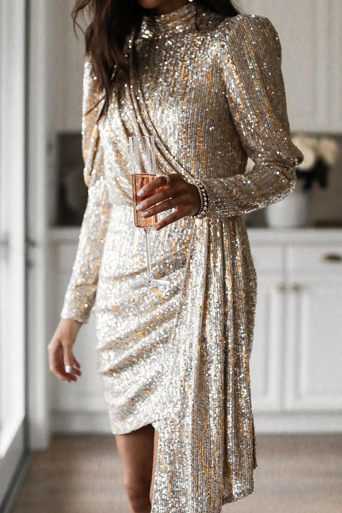 Momentlover Casual Solid Sequins Turtleneck Pencil Skirt Dresses