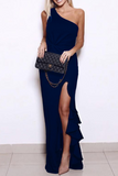 Momentlover Elegant Solid Flounce Slit One Shoulder Evening Dress Dresses(5 Colors)