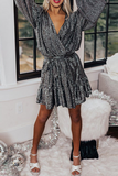 Momentlover Fashion Solid Split Joint V Neck Waist Skirt Dresses