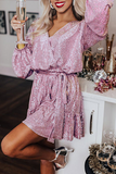 Momentlover Fashion Solid Split Joint V Neck Waist Skirt Dresses