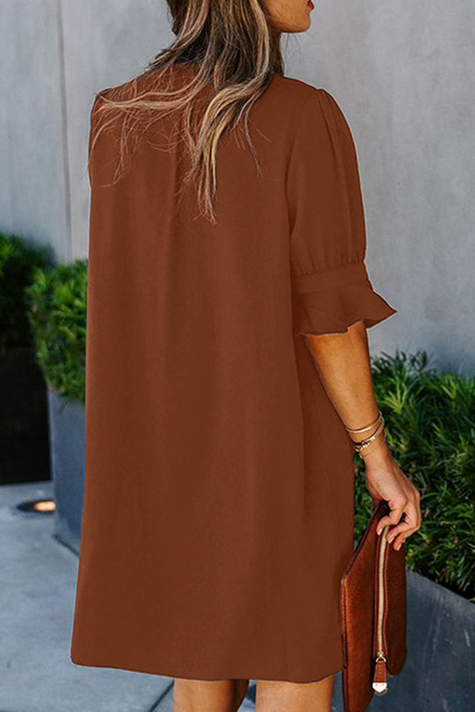 Momentlover Casual Solid Split Joint V Neck Straight Dresses