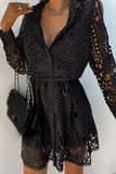 Momentlover Casual Solid Lace Turndown Collar Waist Skirt Dresses(3 Colors)