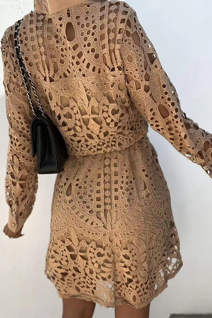 Momentlover Casual Solid Lace Turndown Collar Waist Skirt Dresses(3 Colors)