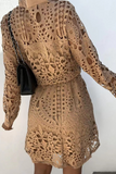 Momentlover Casual Solid Lace Turndown Collar Waist Skirt Dresses(3 Colors)
