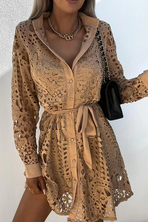Momentlover Casual Solid Lace Turndown Collar Waist Skirt Dresses(3 Colors)