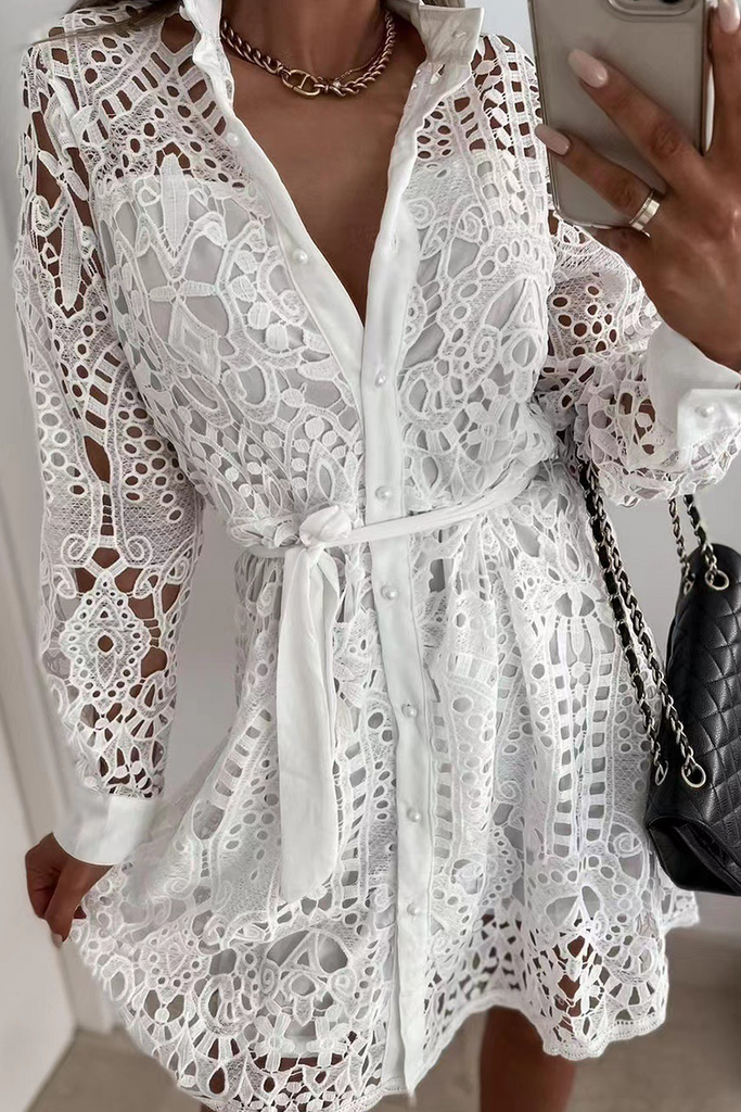 Momentlover Casual Solid Lace Turndown Collar Waist Skirt Dresses(3 Colors)