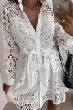 Momentlover Casual Solid Lace Turndown Collar Waist Skirt Dresses(3 Colors)