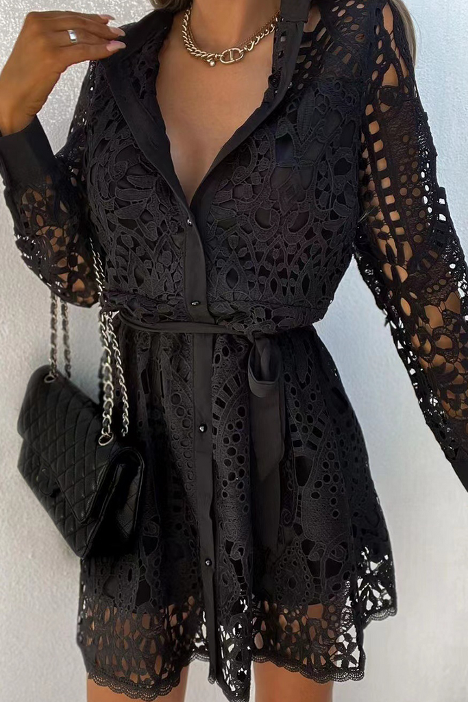 Momentlover Casual Solid Lace Turndown Collar Waist Skirt Dresses(3 Colors)