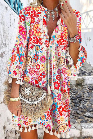 Momentlover Casual Print Tassel V Neck Cake Skirt Dresses(3 Colors)