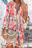 Momentlover Casual Print Tassel V Neck Cake Skirt Dresses(3 Colors)