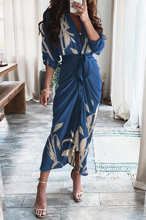 Momentlover Casual Print Patchwork V Neck Irregular Dress Dresses(3 Colors)