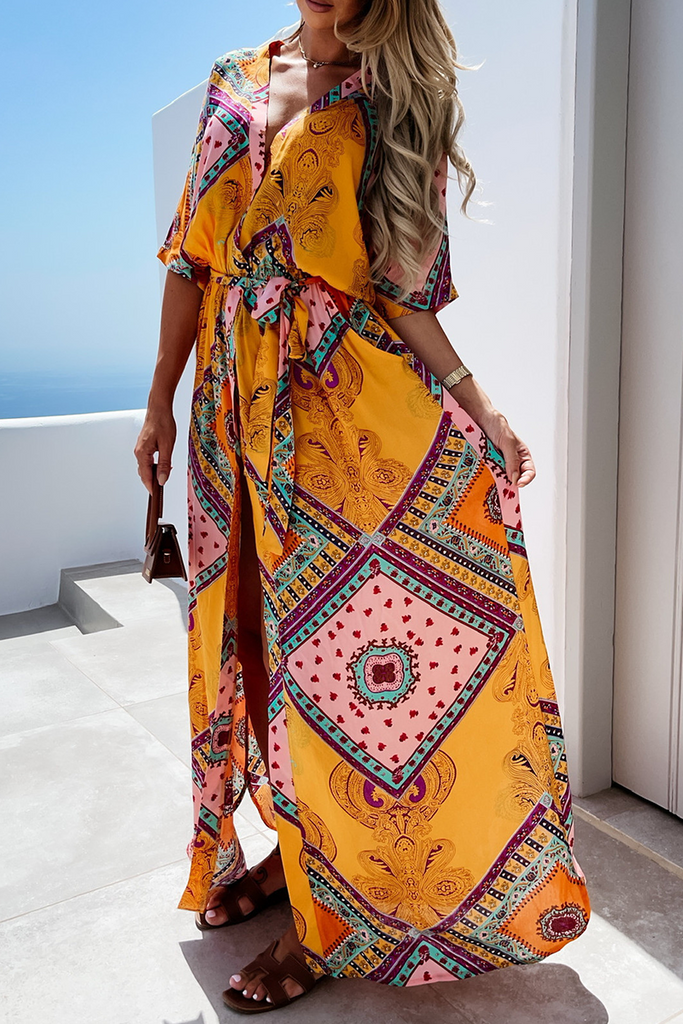 Momentlover Casual Print Patchwork V Neck Irregular Dress Dresses